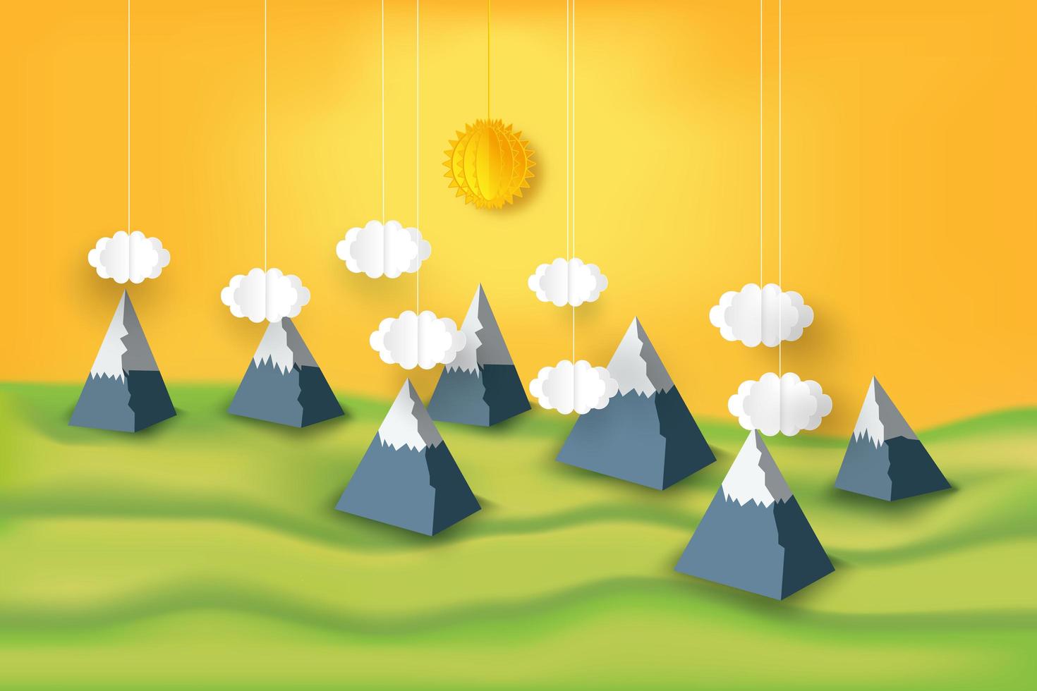 Paper art mountains and sunshine vector