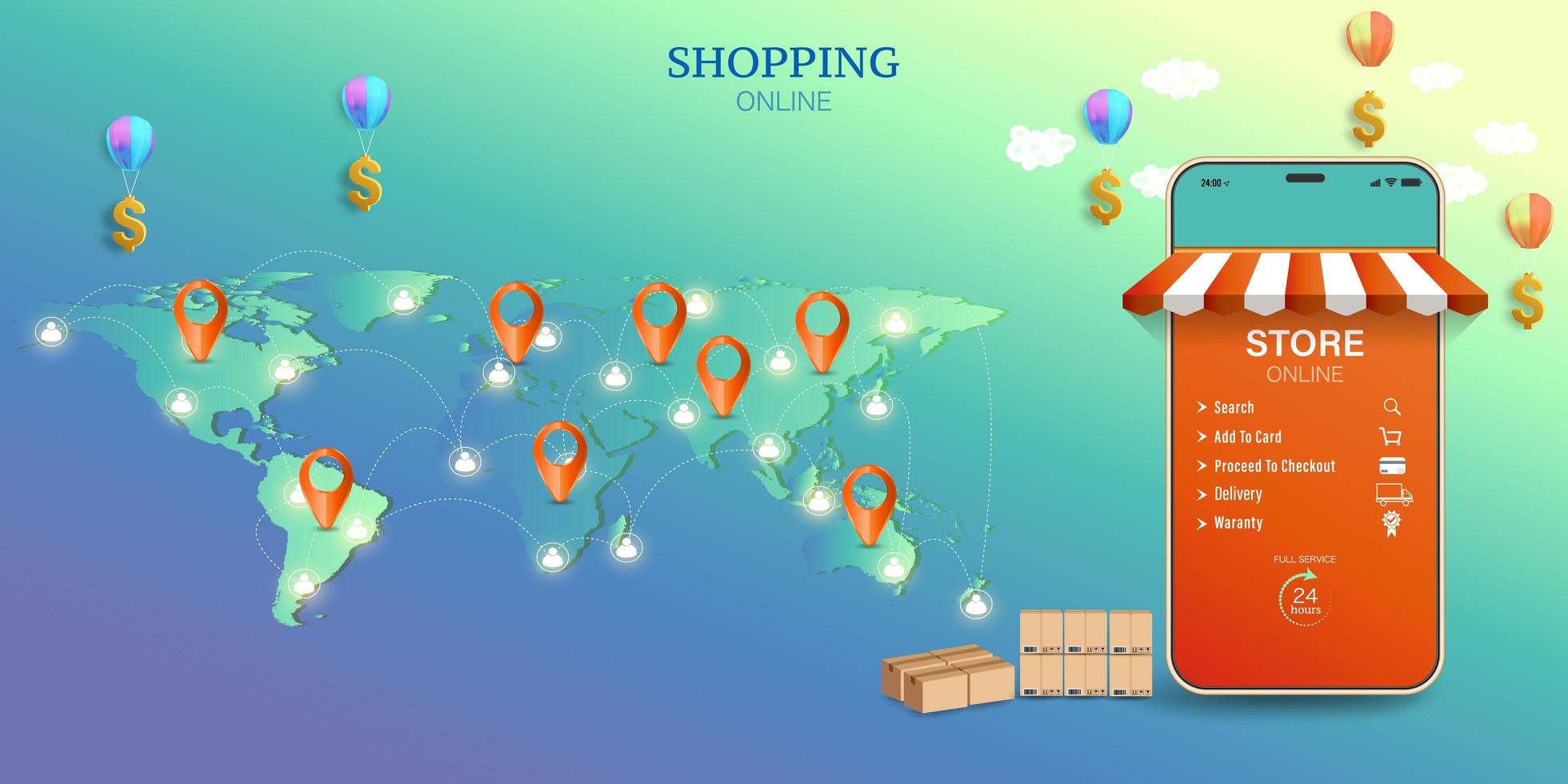 Shopping on mobile and delivery cargo concept vector