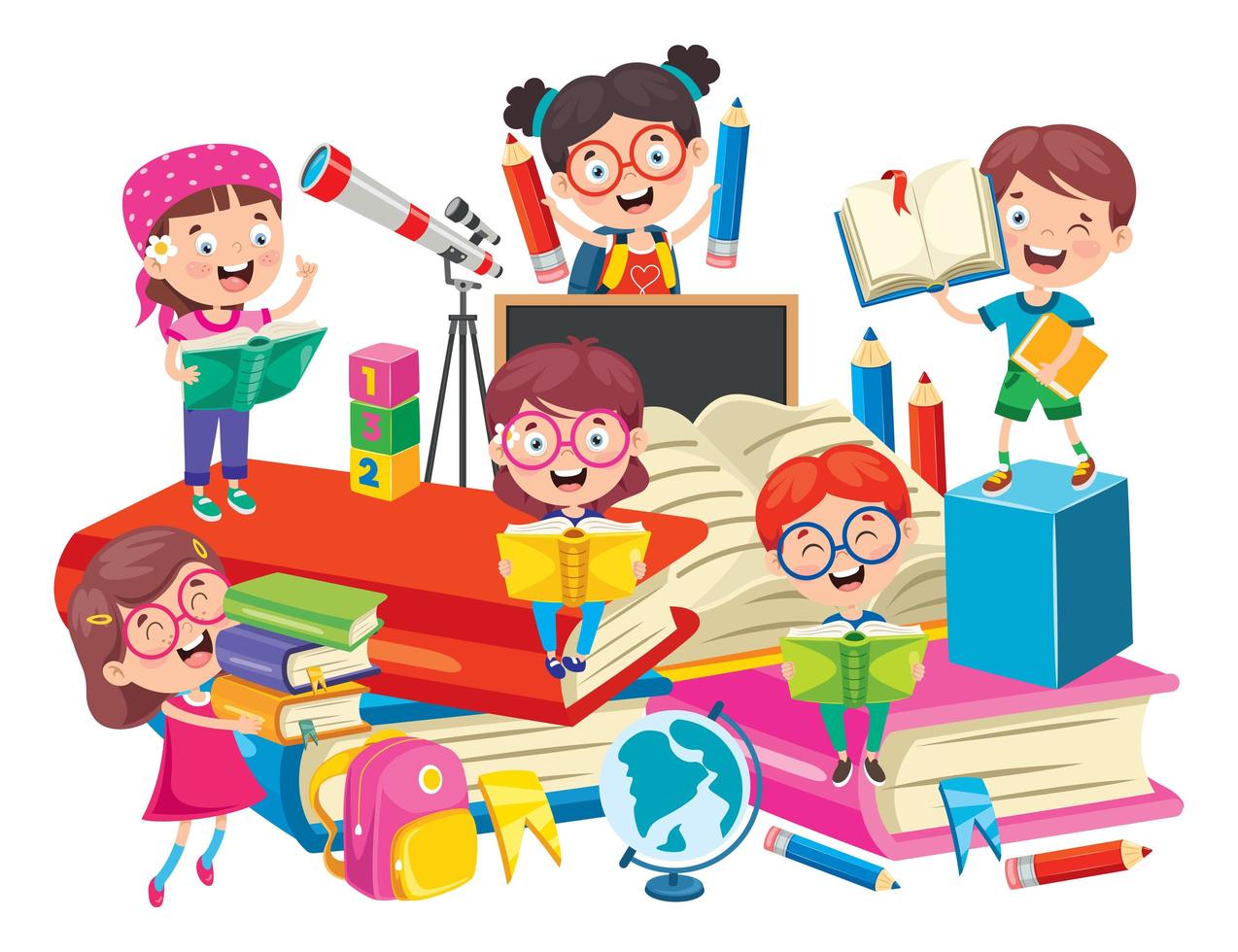 School Kids on Big Books Having Fun Learning vector