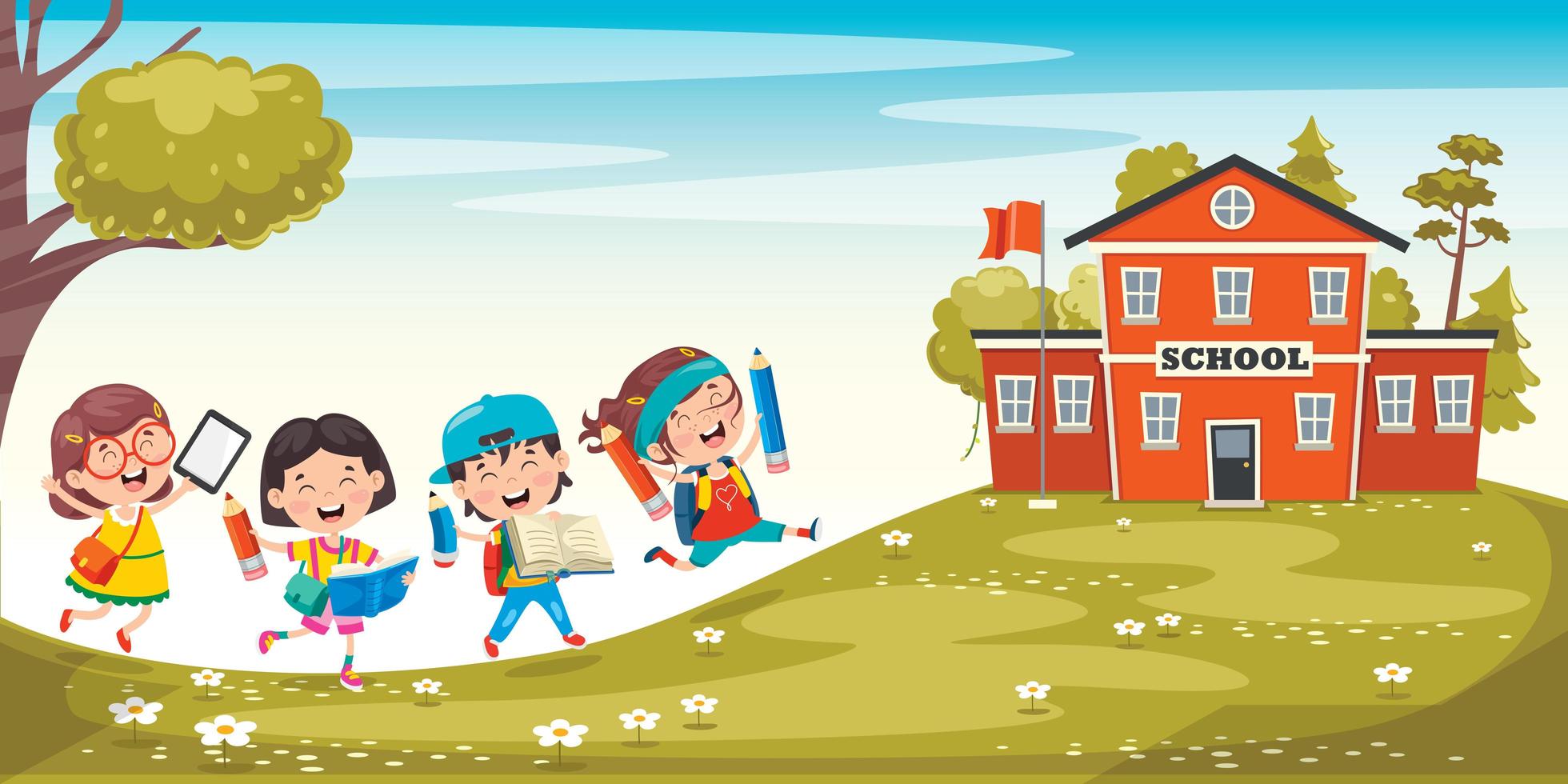 Happy Kids Walking Toward School  vector