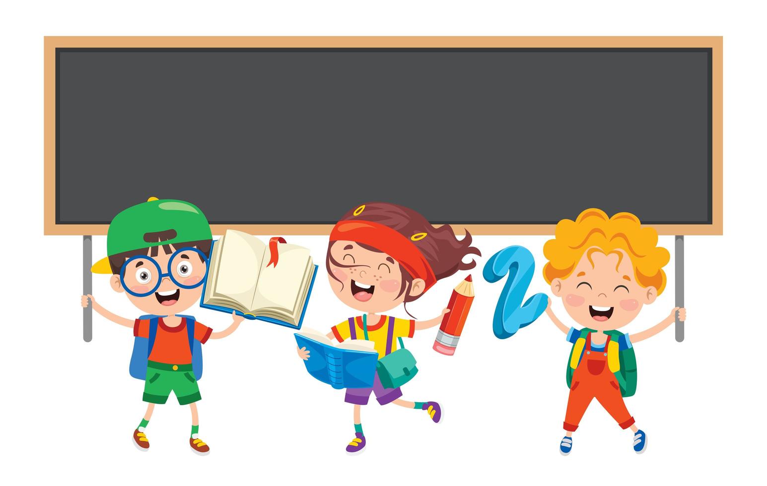 School Children with School Items and Blackboard vector