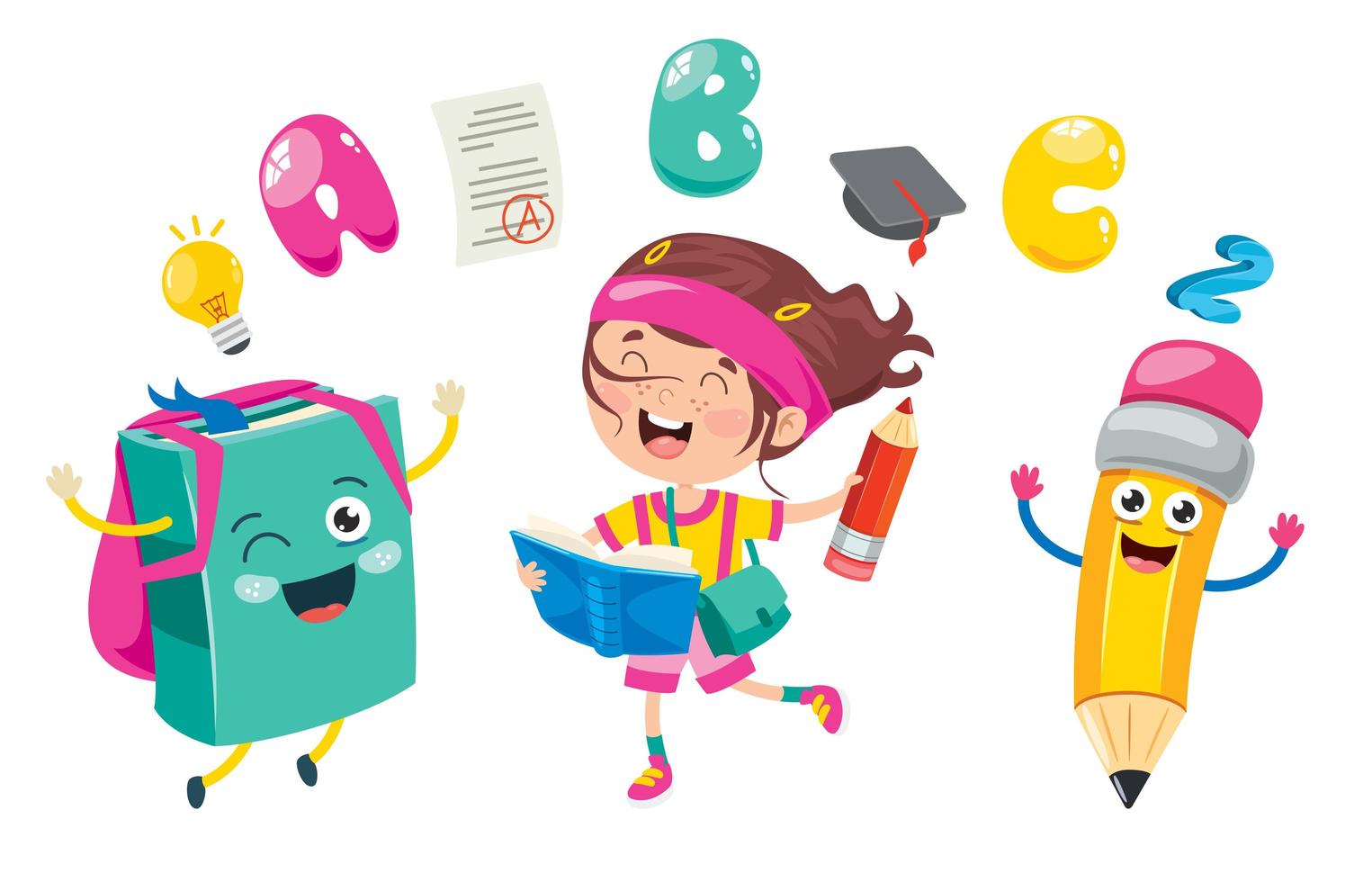 Girl with Happy Bag and Pencil with Other School Supplies vector