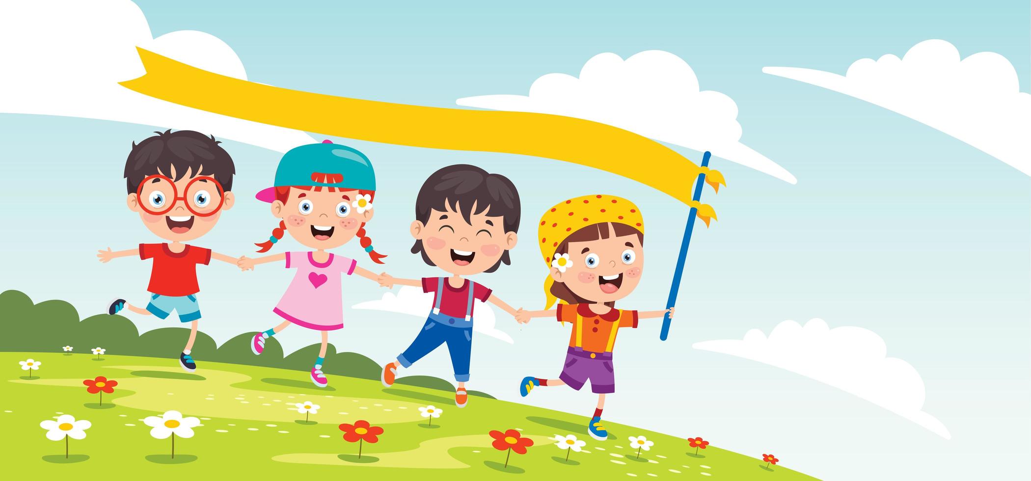 Children Playing Outside with Banner Flag vector