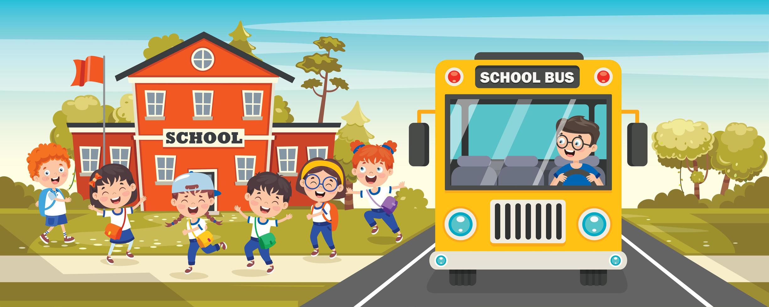 School Bus Front with School Children Exiting vector