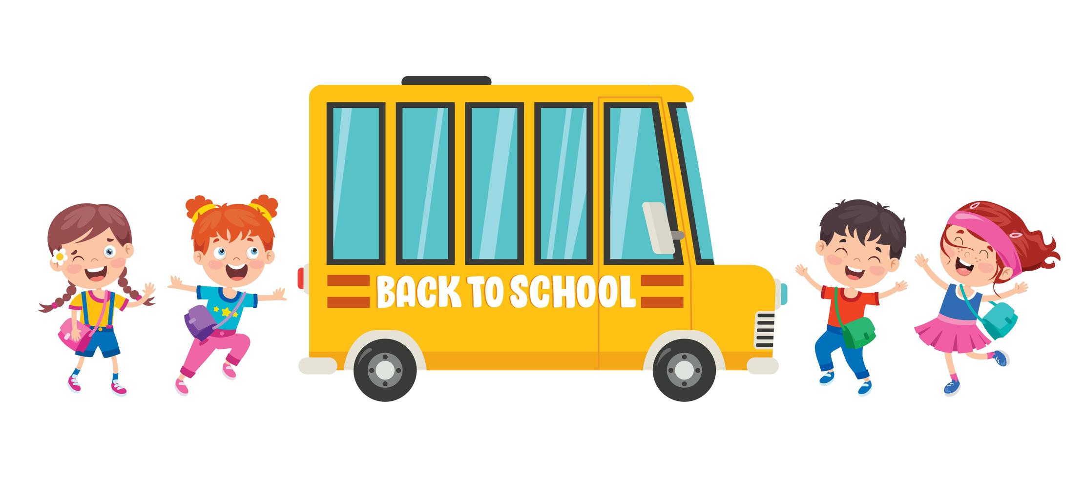 Happy Children Walking Around School Bus vector
