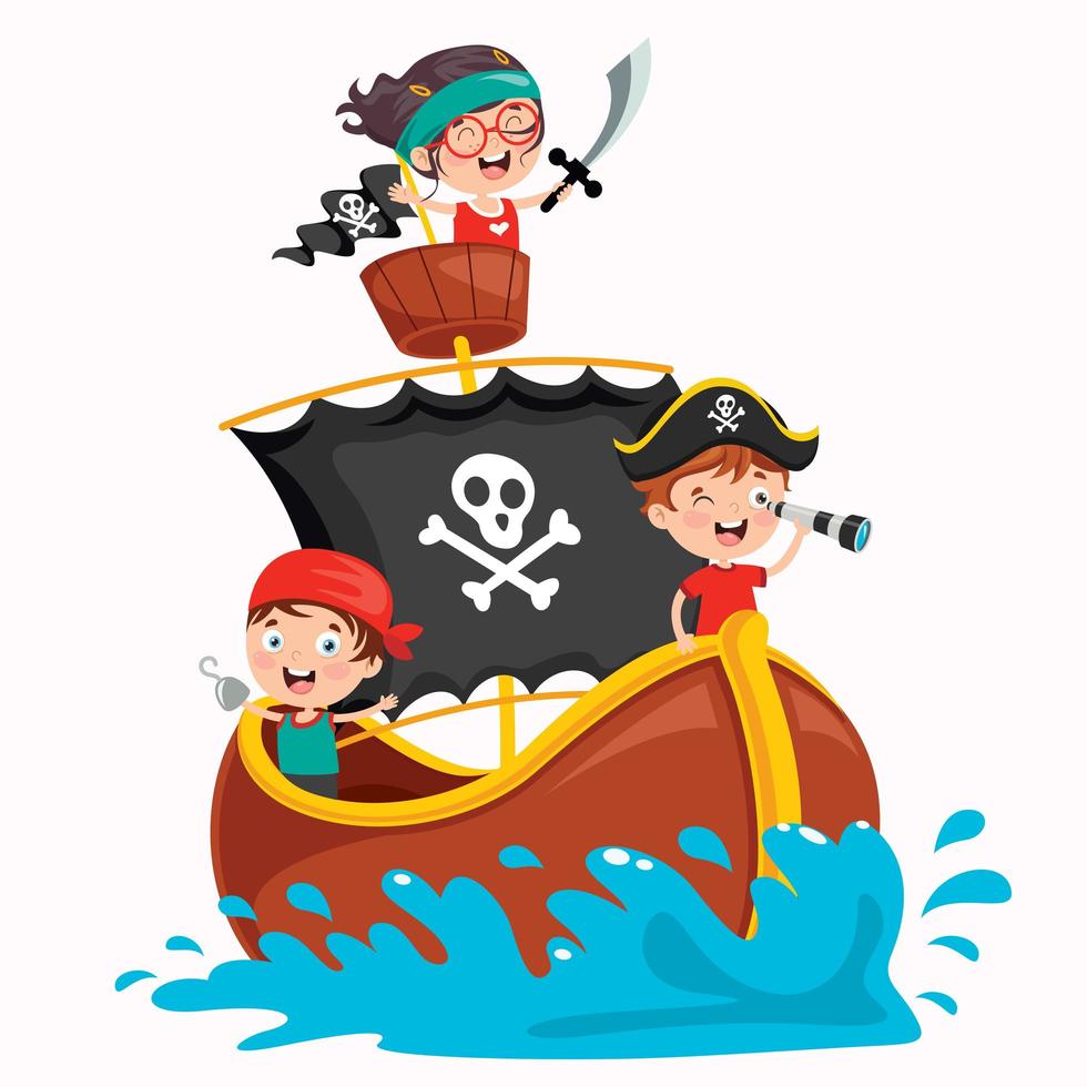 Little Kid Pirates on Brown, Gold-Trimmed Ship vector