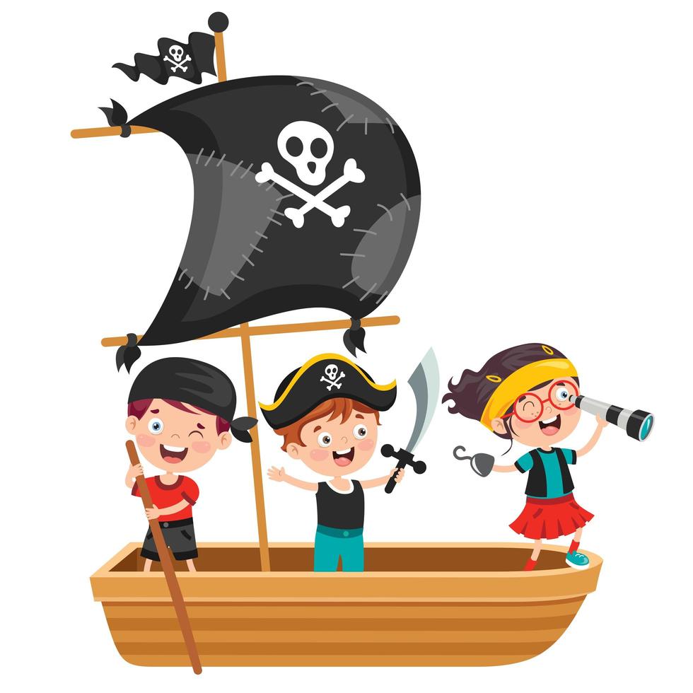 niños piratas posando en bote de madera vector