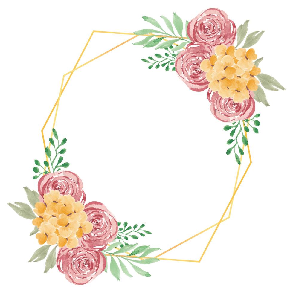 Watercolor rustic rose floral with golden frame vector