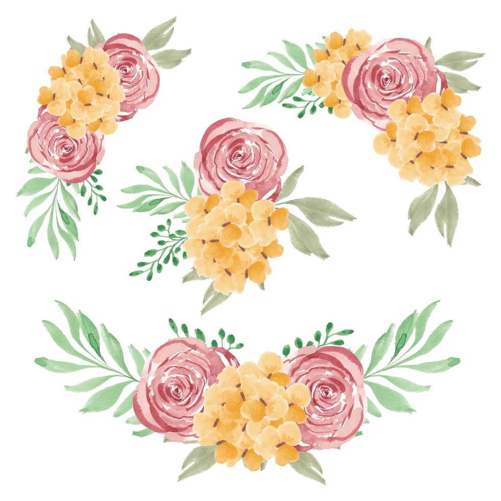 Watercolor hand painted yellow red  flower bouquet collection vector