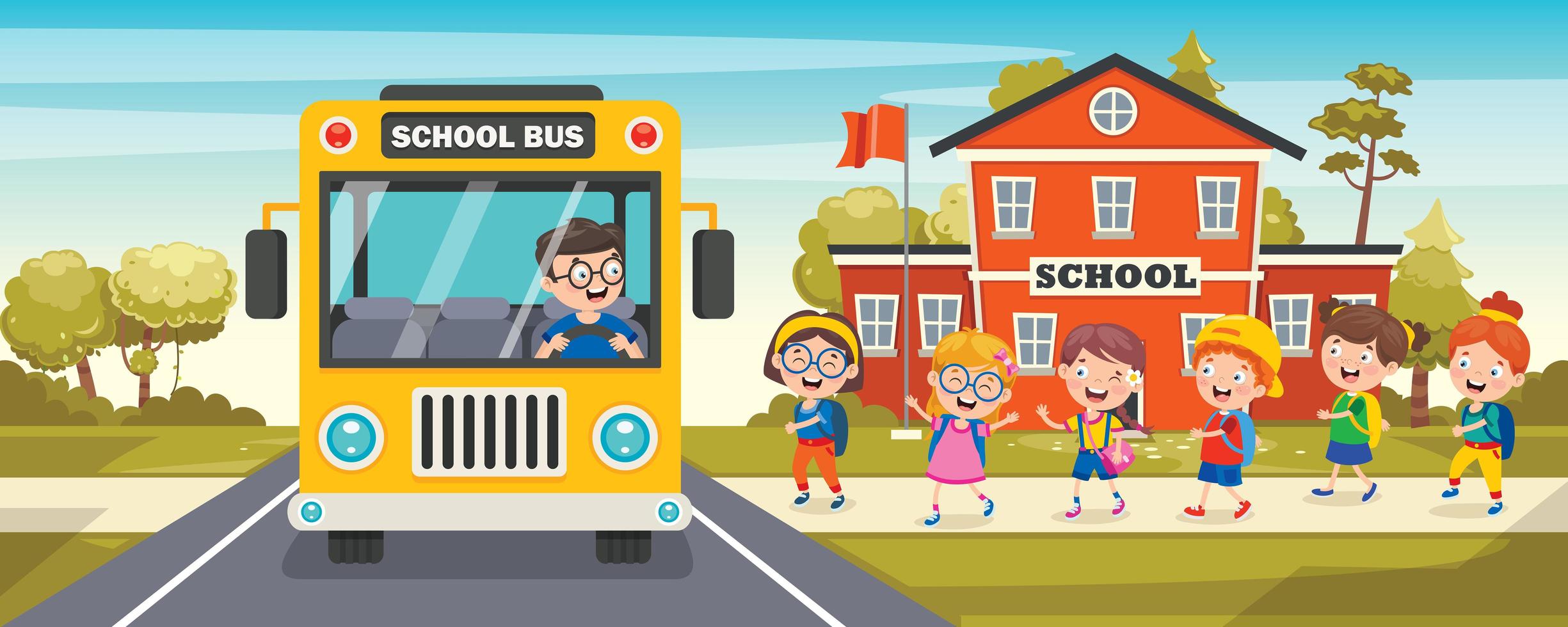 Yellow Bus and Little School Children in Line vector