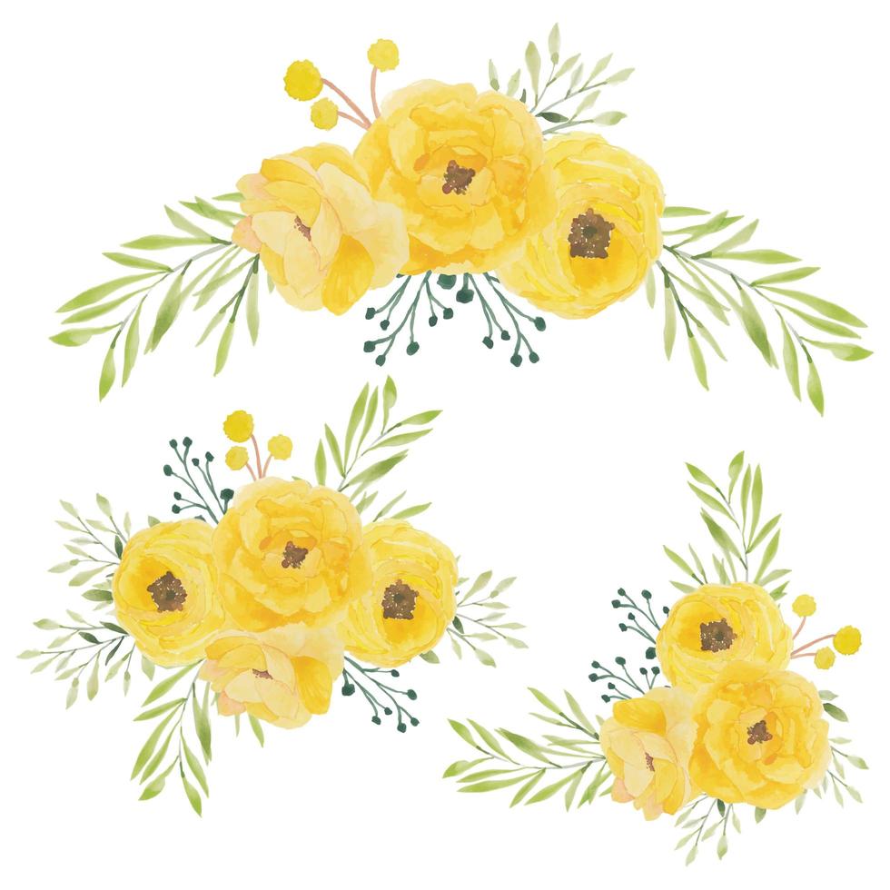 Watercolor yellow rose flower bouquet set vector