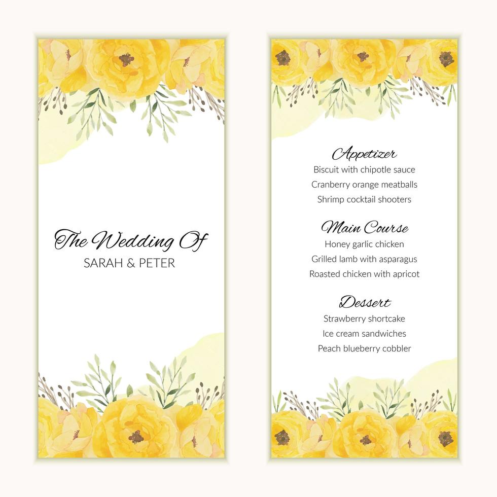 plantilla de tarjeta de menú de boda con flores amarillas vector