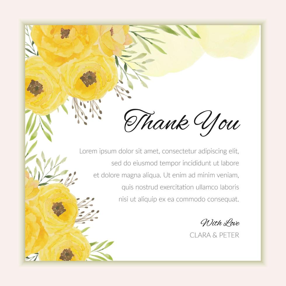 Thank you card template with watercolor yellow flowers vector