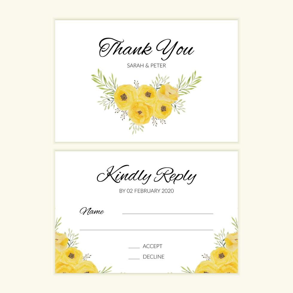 Watercolor wedding RSVP card with yellow rose bouquet vector