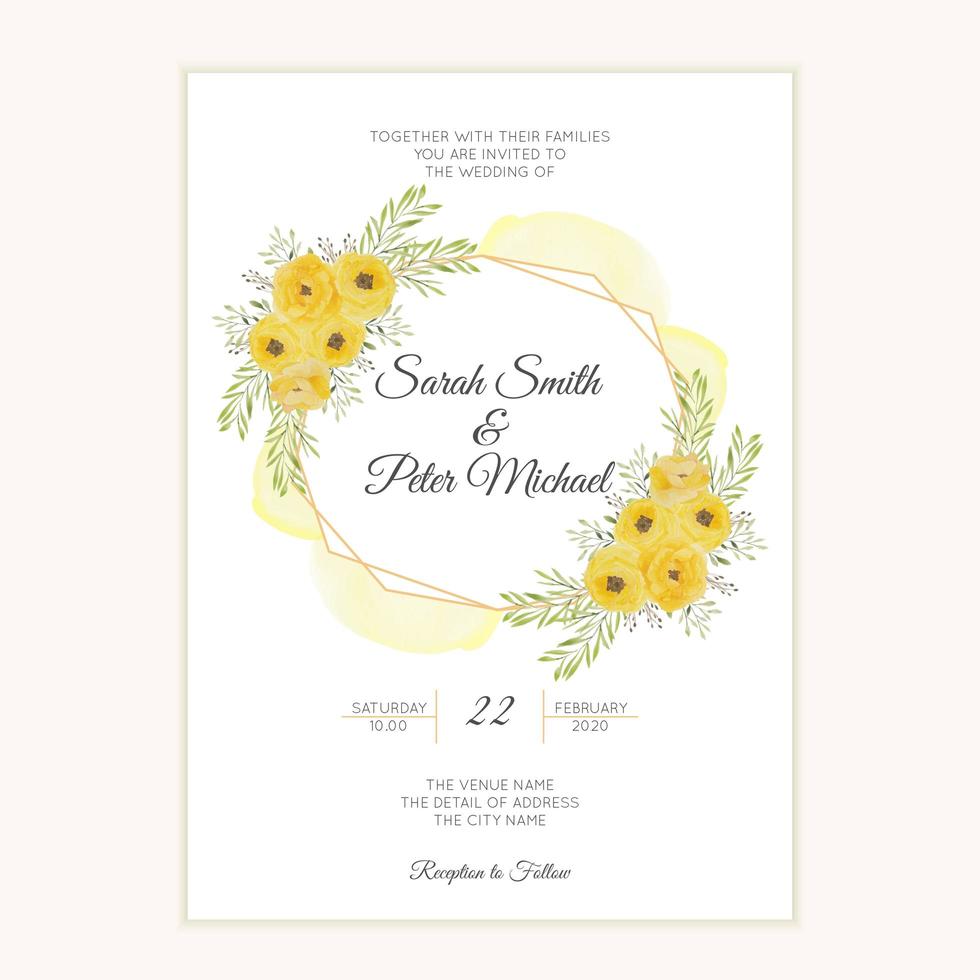 Wedding invitation card with watercolor yellow rose frame vector