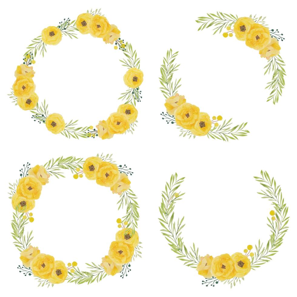 Set of watercolor yellow rose flower circle frames vector