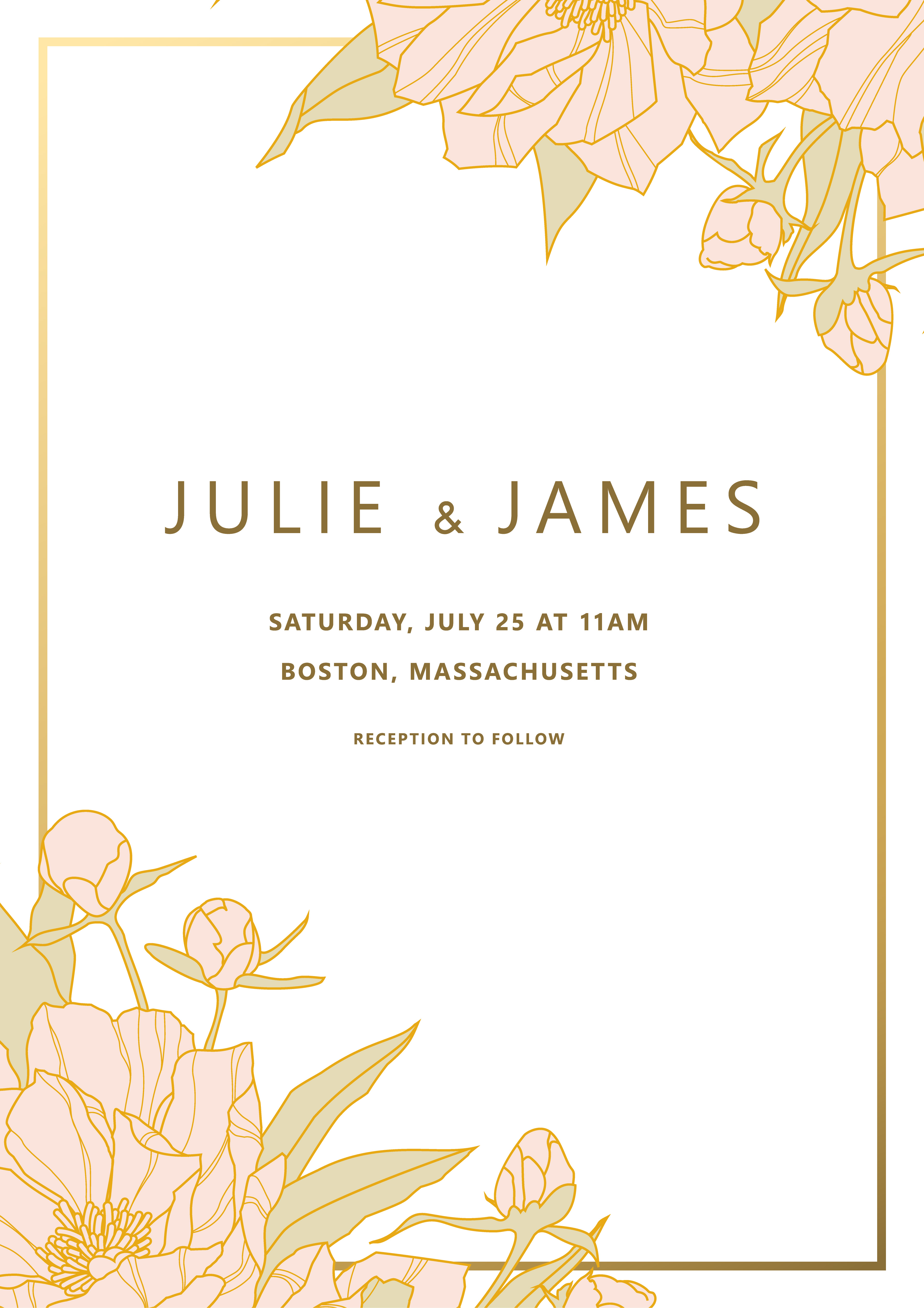 Wedding Invitation with Peony Corners and Golden Frame - Download Free