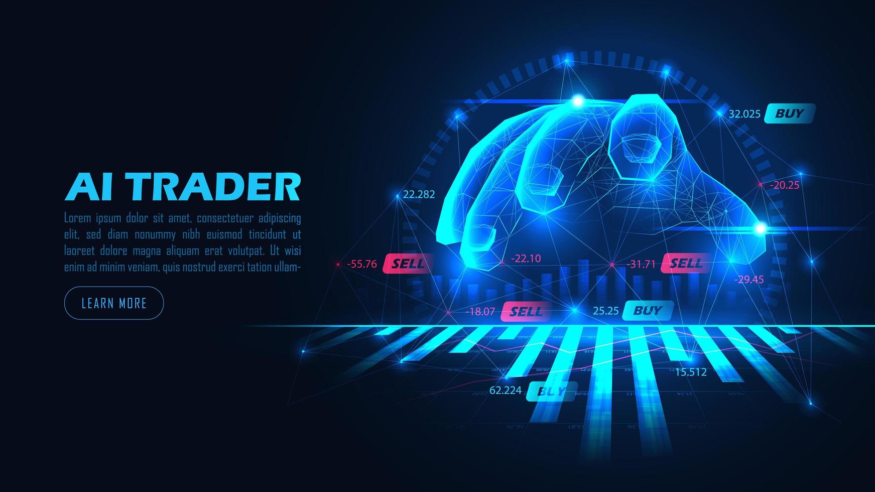 Artificial intelligence hand reaching for graph vector