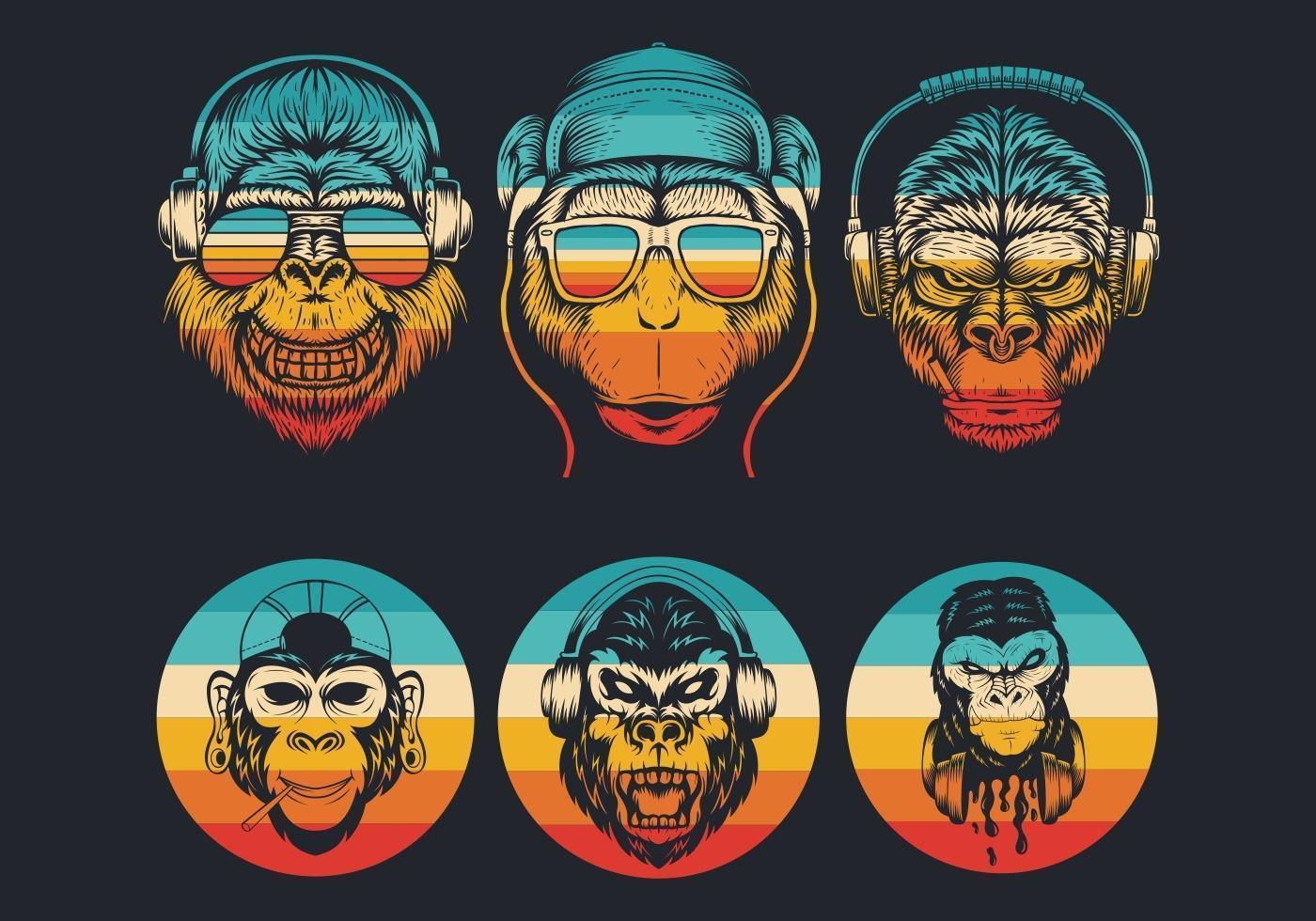 Monkey head logos with sunglasses and headphones collection  vector