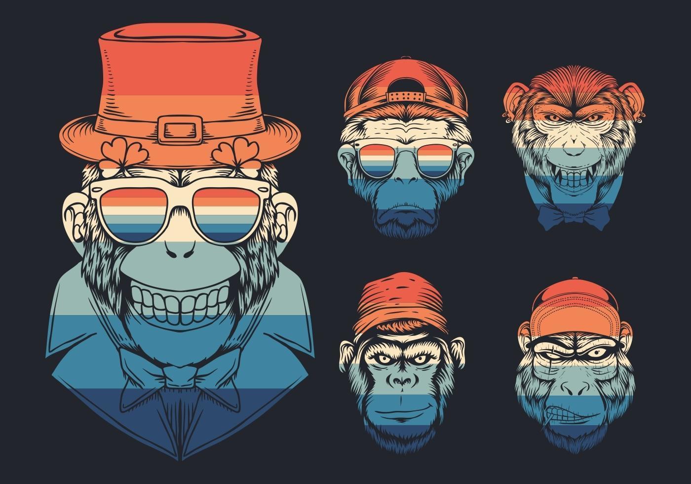 Monkey head with hat retro rainbow collection  vector