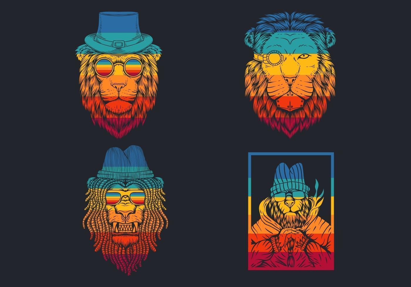 cabezas de león a rayas retro con sombreros colección de logotipos vector