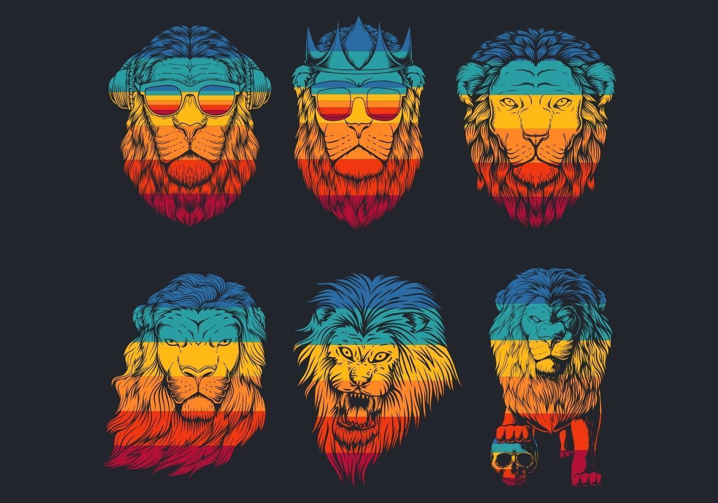 Retro Striped Lion Head Logo Collection  vector