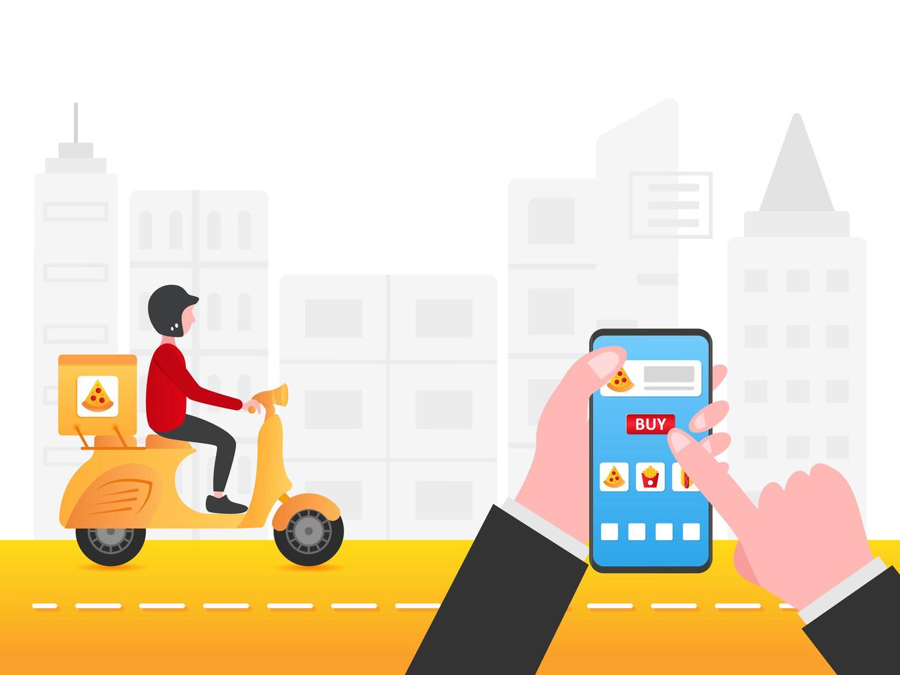 Man purchasing food delivery over smartphone vector
