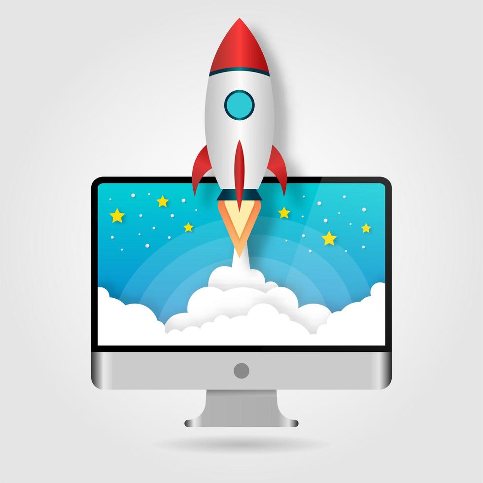 Rocket launching from computer monitor vector