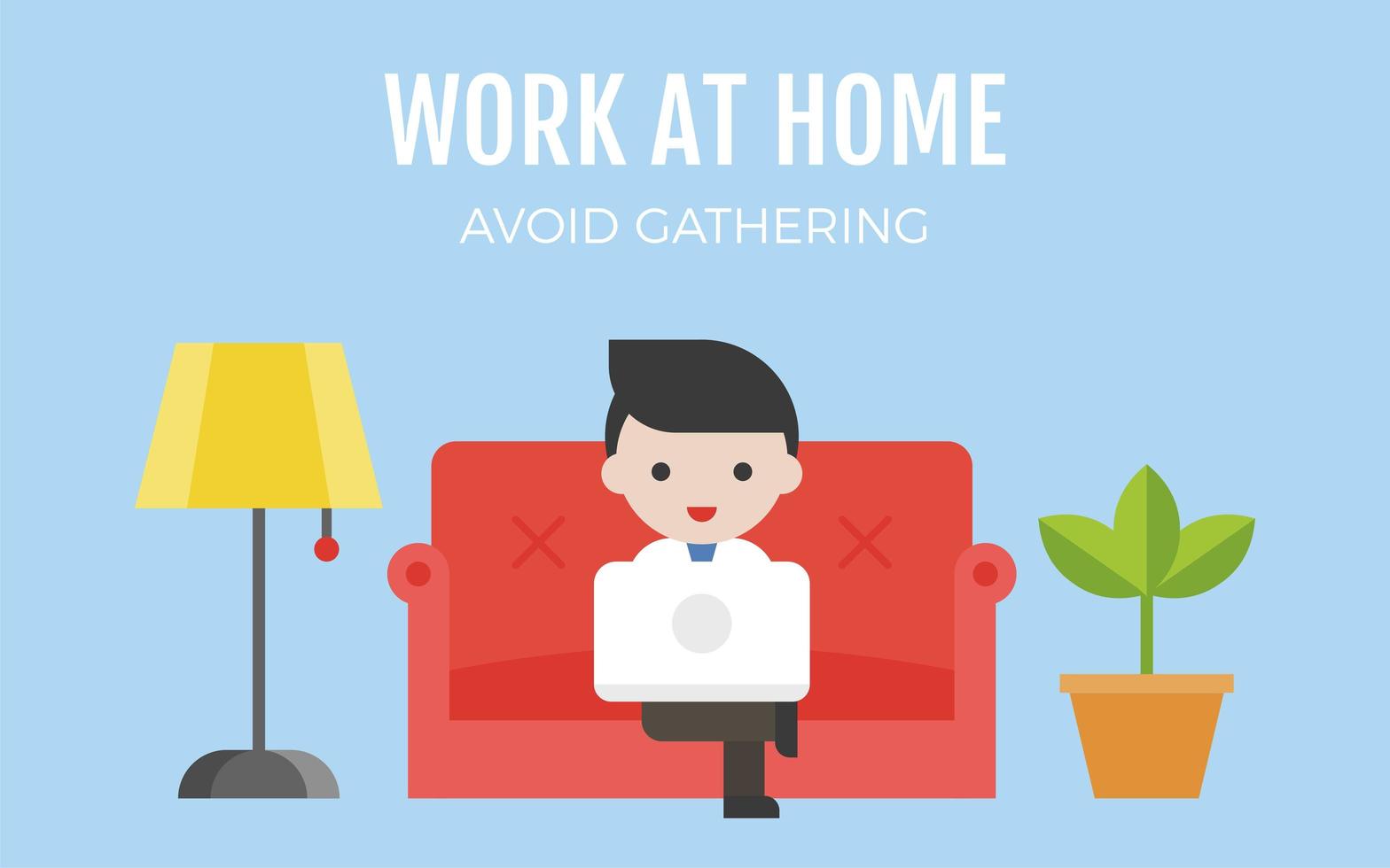 Man on couch working at home and avoiding gatherings vector