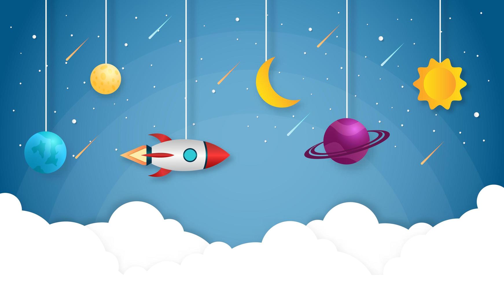 Hanging space rocket with stars and meteors vector