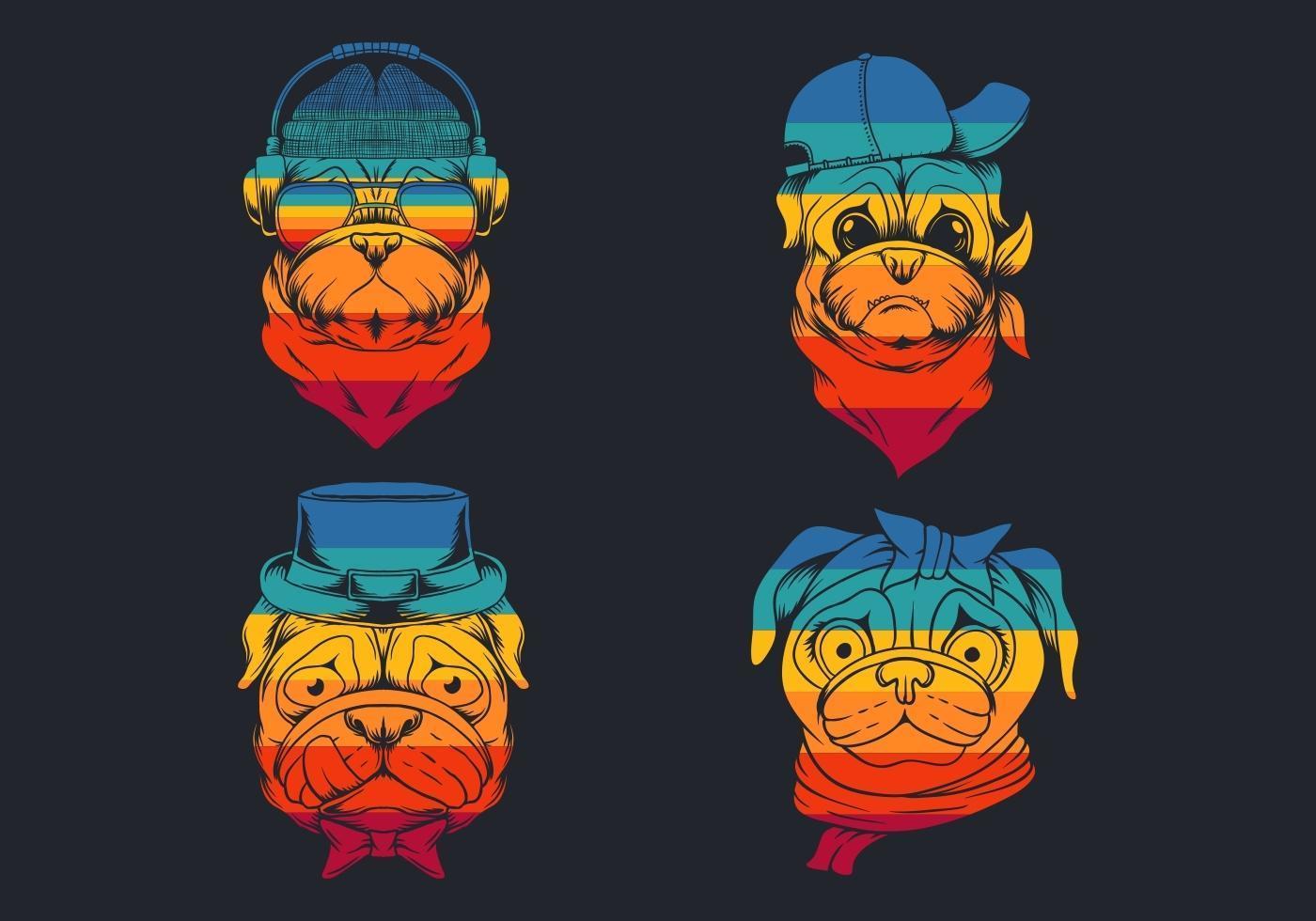 Silly pug dog head retro logo collection  vector
