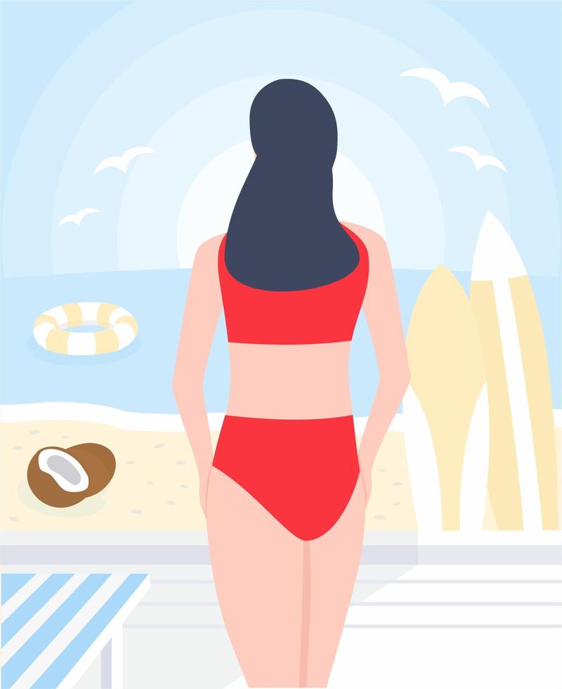 Vista posterior de la mujer en la playa en verano vector