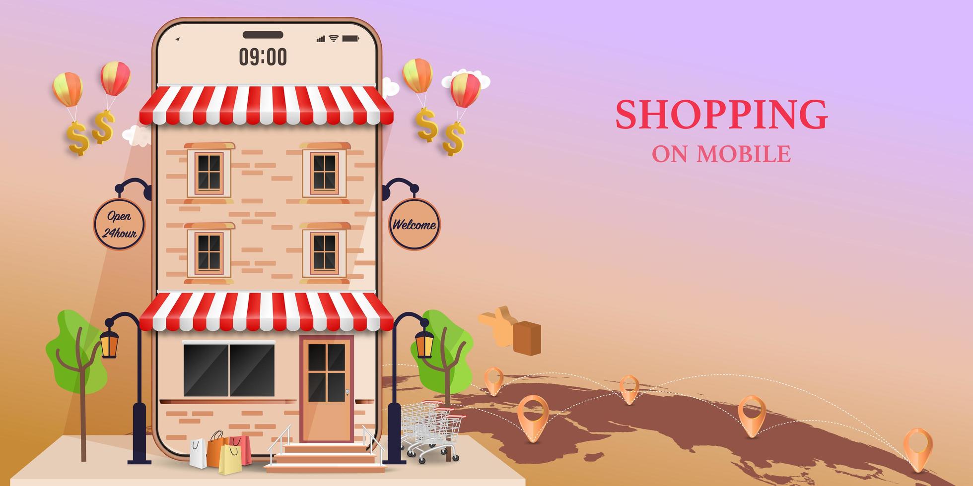 Shopping on mobile design concept vector