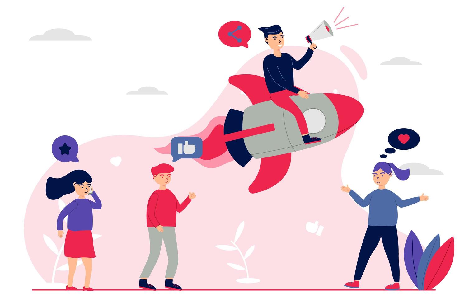 Man on rocket holding megaphone with friends vector