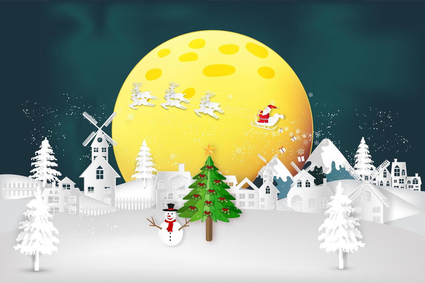 noche navidad escena de invierno con santa en trineo vector