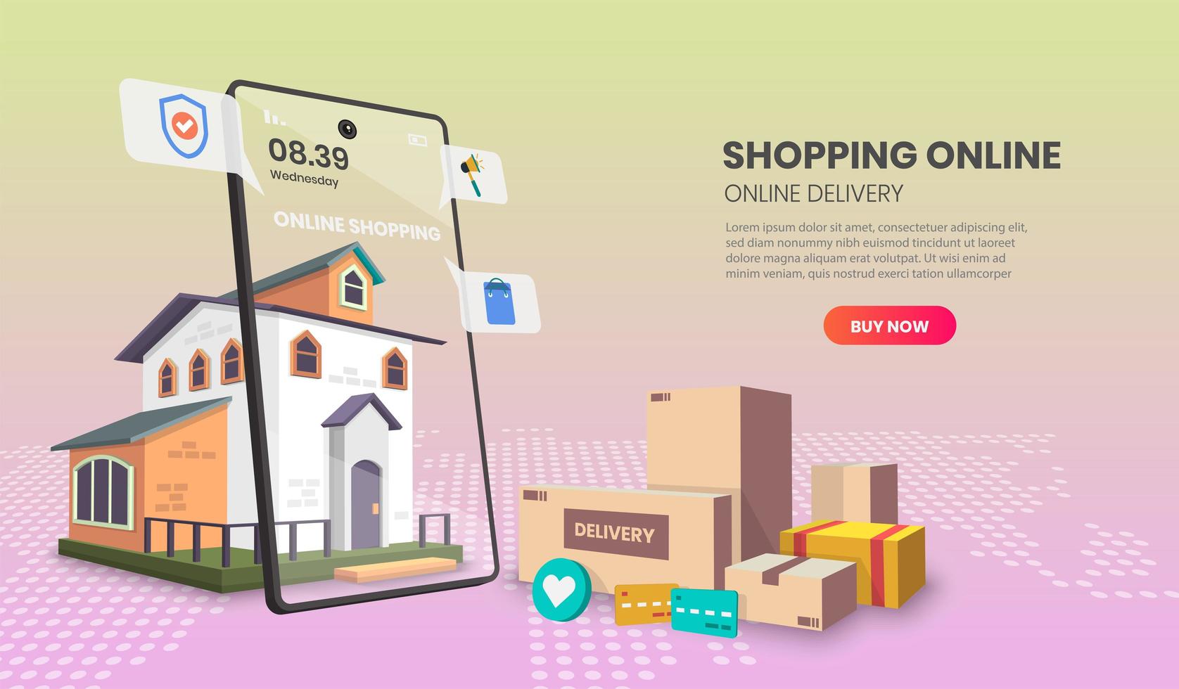Online shopping landing page with home and packages vector