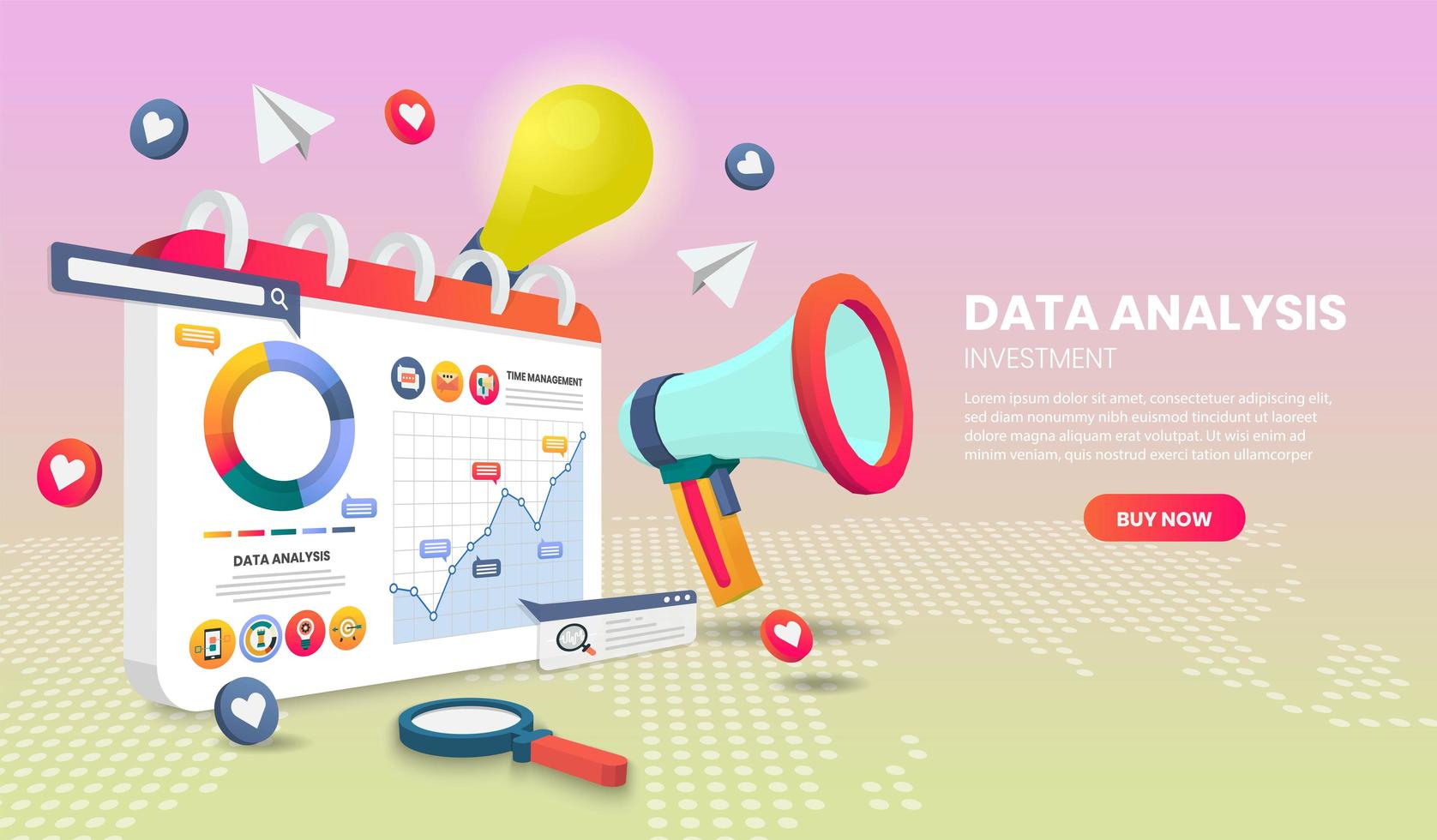 Data analysis landing page with megaphone and graph vector