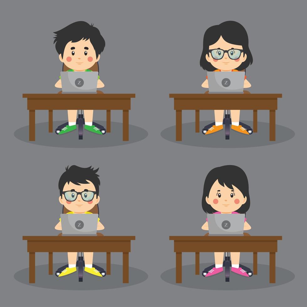 Set Of Kids on Computer at Desk  vector