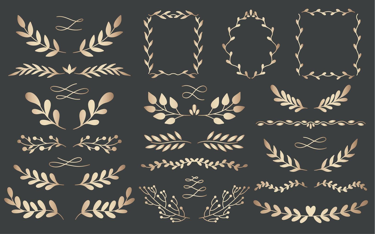 Natural gold botanical frames and borders set vector