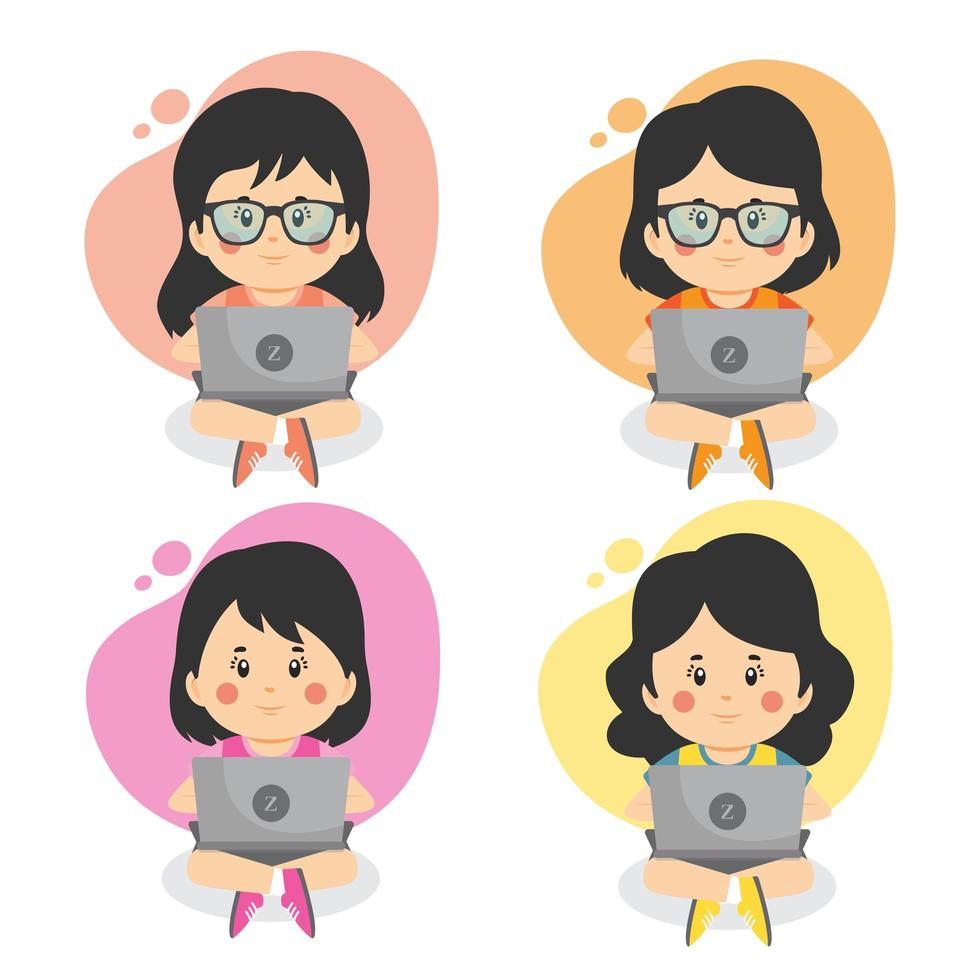 Set of Girls Using Computers  vector