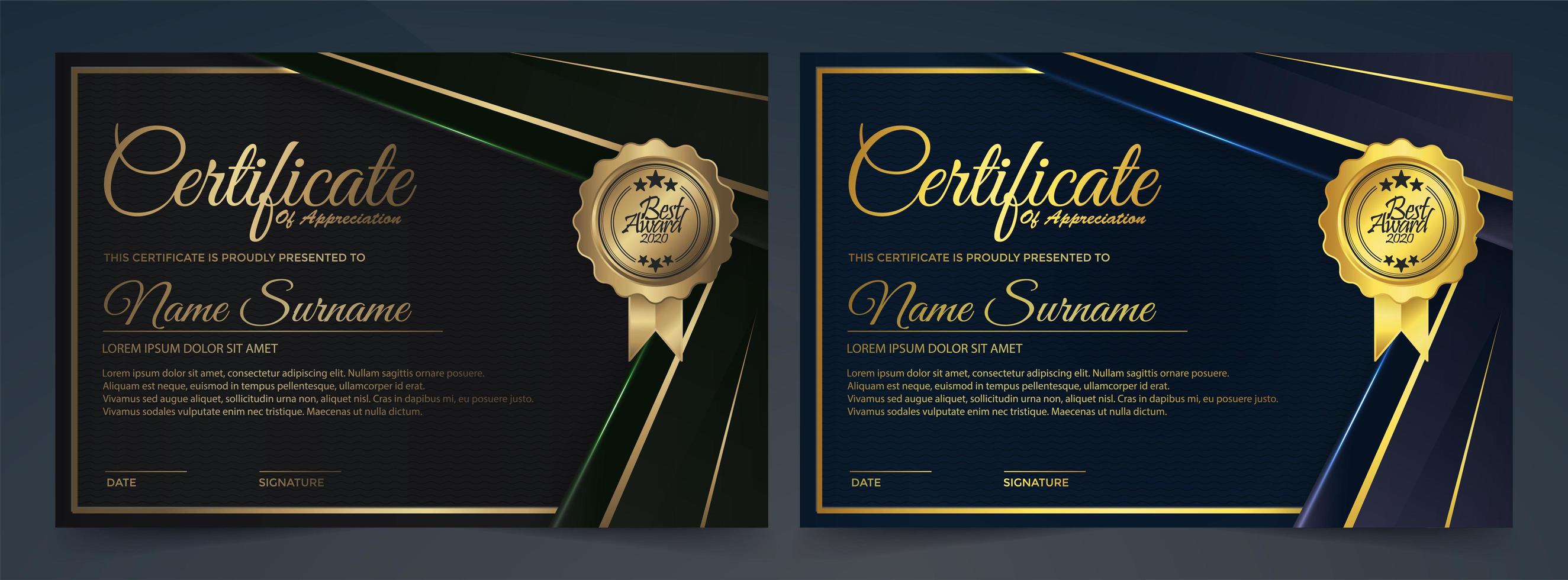 oro negro, plantilla de certificado azul marino vector