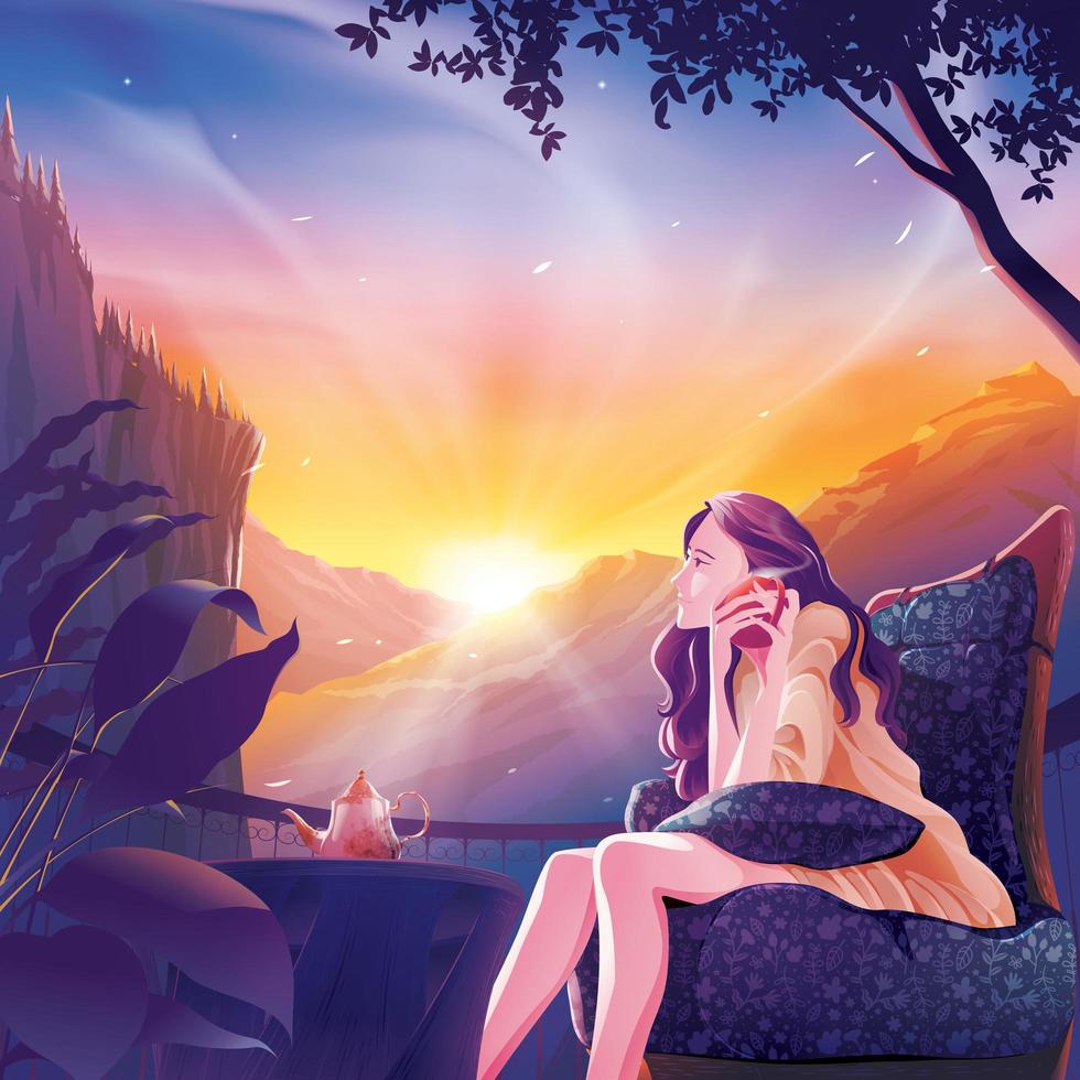 Lady drinking coffee on balcony in the morning vector