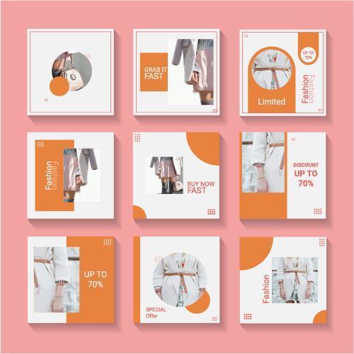 Social media orange and white template set  vector