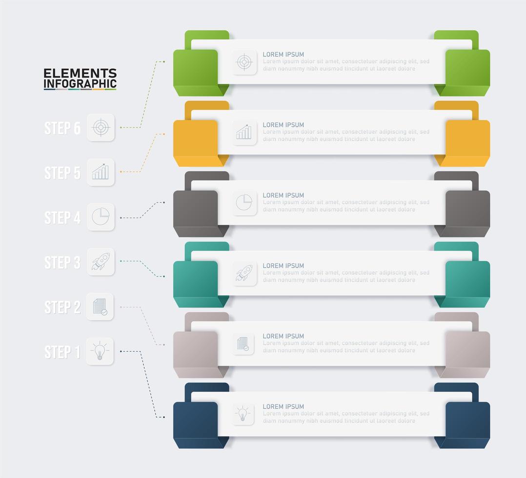 Colorida infografía estilo gancho con 6 pasos vector