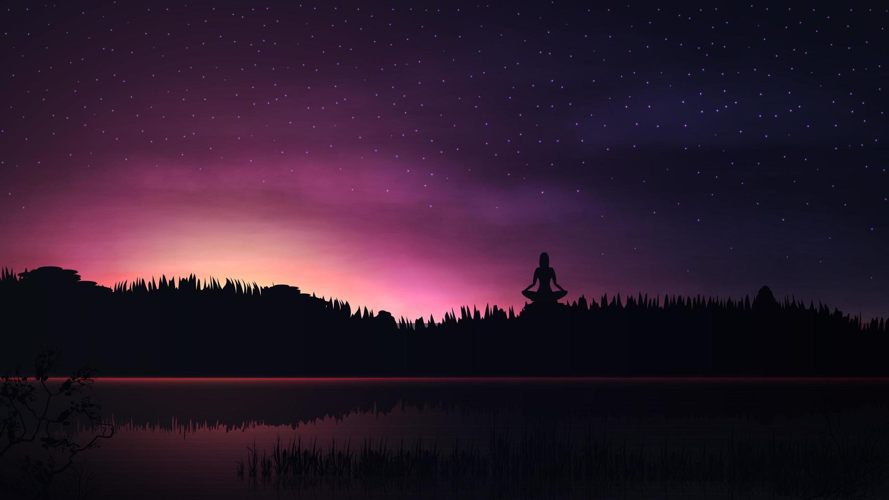 paisaje morado con amanecer y niña meditando vector