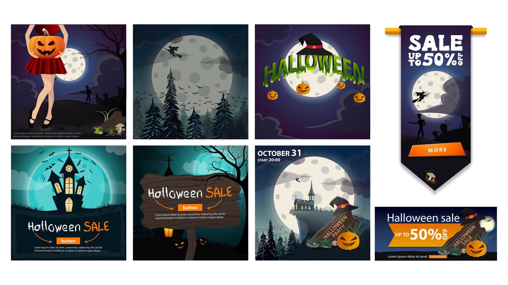 gran conjunto de carteles de halloween y carteles de venta vector