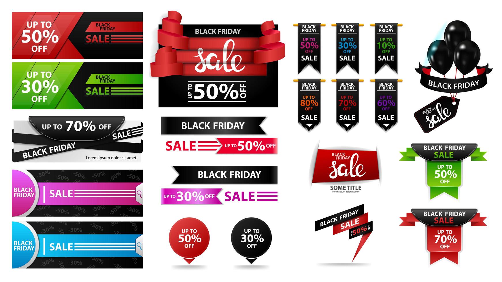 gran conjunto de banners de venta de descuento de viernes negro vector