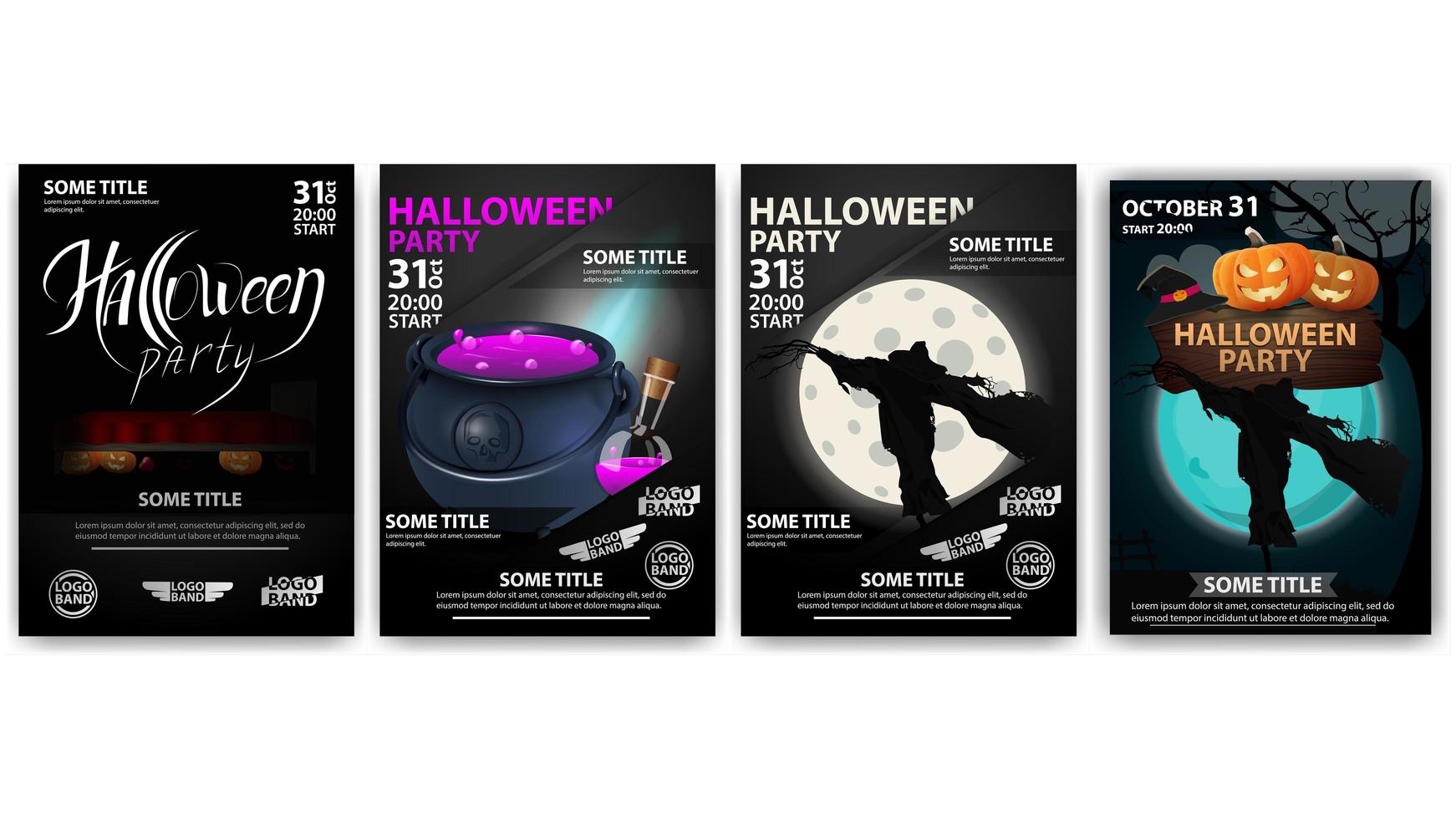 Halloween party posters with cauldron and scarecrow vector