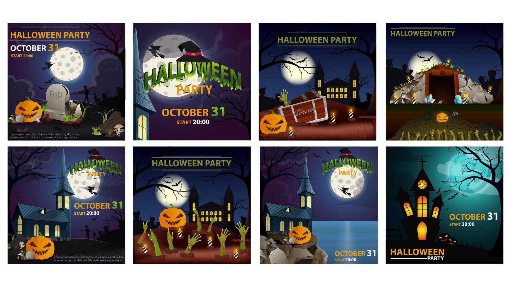 Halloween party square poster set vector