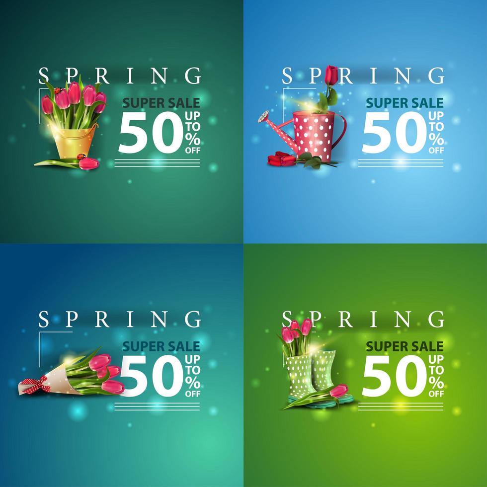 Spring sale blue and green square banners vector